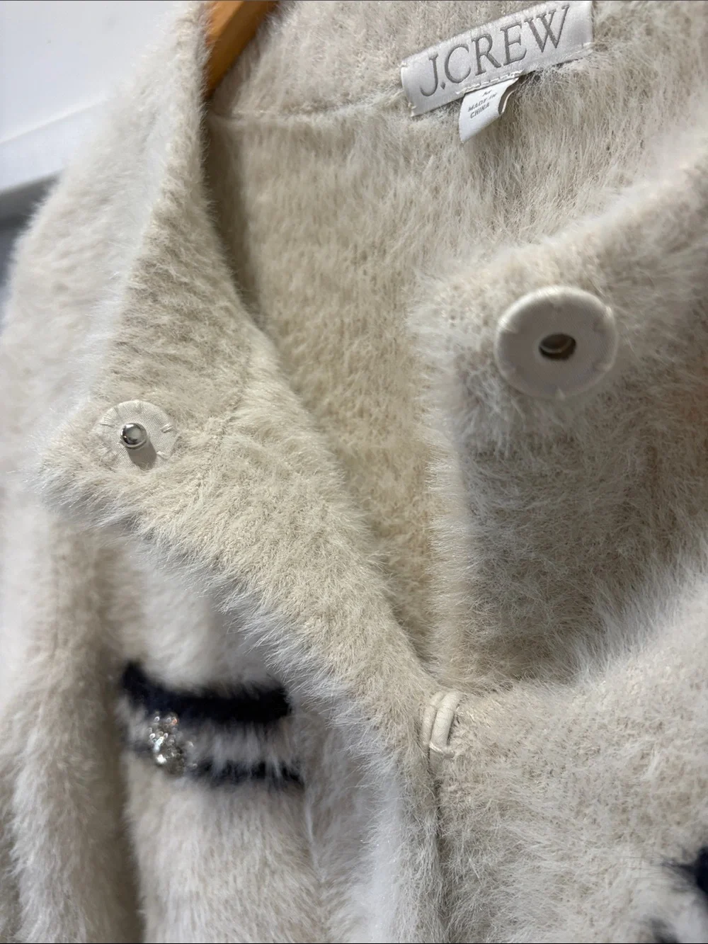 J. Crew Cream Fuzzy Button-Front Cardigan with Black Trim